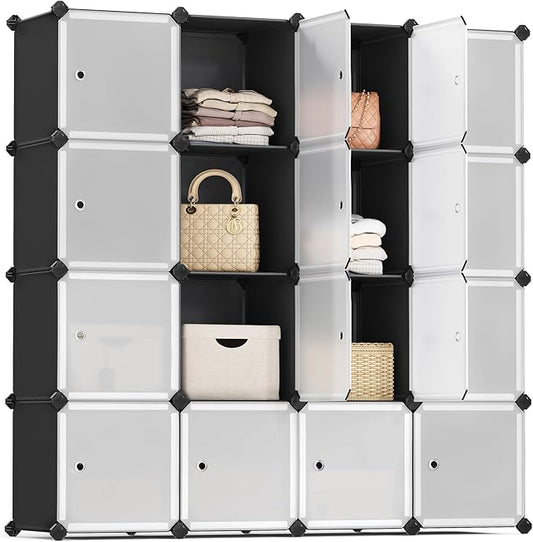 SONGMICS Cube Storage Organizer, Set of 16 Plastic Cubes, Closet Storage Shelves, DIY Plastic Closet Cabinet, Modular Bookcase, Shelving with Doors for Bedroom, Living Room, Black and White ULPC44HS