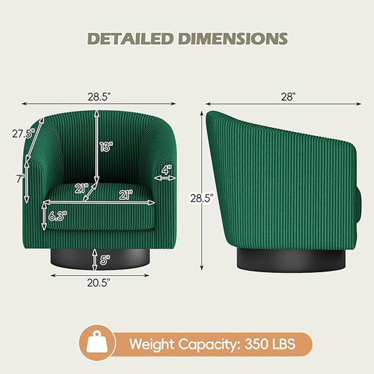 360° Swivel Accent Chairs, Modern Bucket Chair, Corduroy Barrel Armchair, Comfy Boucle Chair, Single Sofa for Living Room Bedroom. Green