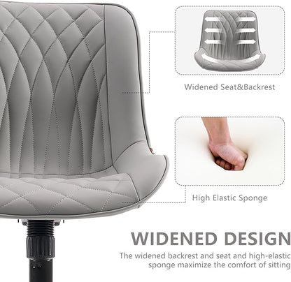 YOUNIKE Grey Ergonomic Home Office Desk Chair Armless Comfy Small Criss Cross Chair with Wheels Swivel Adjustable Modern Vanity Chair Wide Back Cute Leather Upholstered Rolling Task Chair No Arms