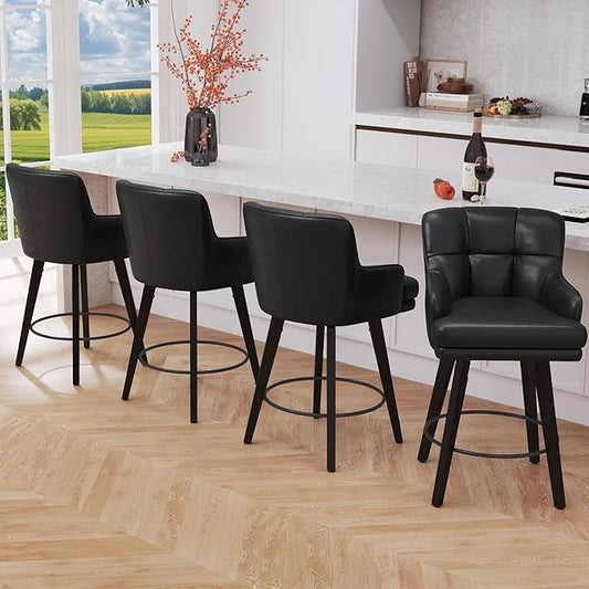 360°Swivel Counter Height Bar Stools with Back, 26 inch Solid Wood Legs, Bar Stool Modern Kitchen Island Chairs, Faux Leather (Black- Faux Leather, 26" H- Set of 4)