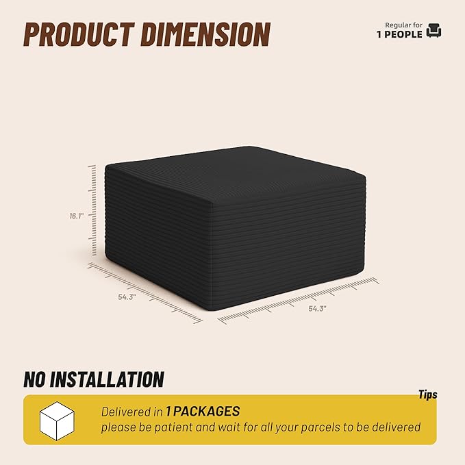 Cozy Square Ottoman, Comfortable Seating, No Assembly Required, Black