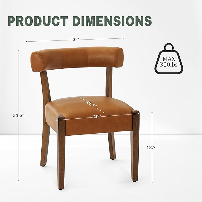Modern Dining Chairs Set of 2, Faux Leather Upholstered Kitchen & Dining Room Chairs, Mid Century Modern Wooden Dining Chairs Oversized Sturdy Rounded Chairs Curved Back, Brown