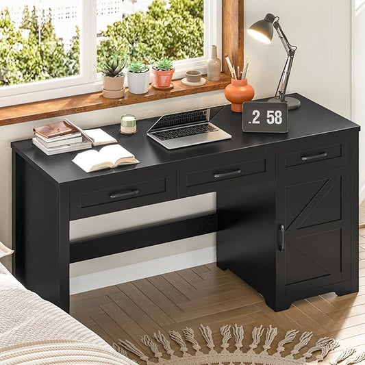 Vabches Farmhouse 59" Executive Desk,Computer Desk with 3 Drawers and Storage Cabinet,Home Office Desk for Work and Study. Pure Black