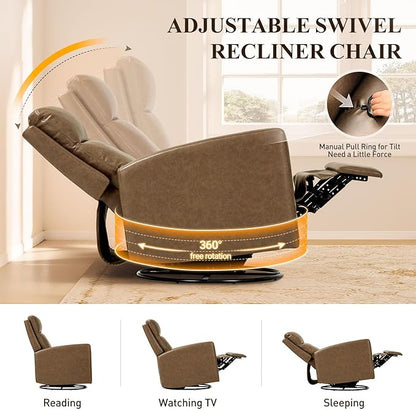 COLAMY Recliner Chair, PU Leather 360° Swivel Rocker Recliner, Nursery Glider Recliner with Ergonomic High Backrest and Upholstered Deep Seat for Living Room, Bedroom, Color Brown