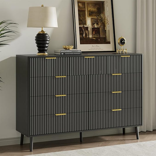 LYNSOM Fluted 9 Drawer Dresser for Bedroom, 55" Wide Modern Chest of Drawers with Curved Profile Design and Metal Handles, Wood Dresser TV Stand & Storage Organizer for Bedroom, Hallway, Black