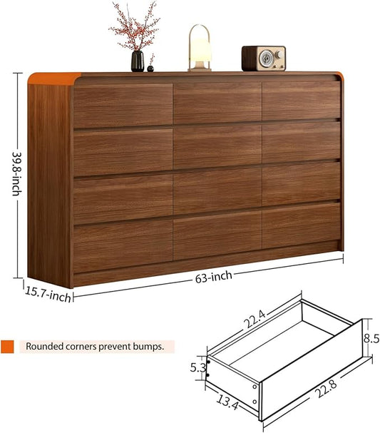 63 Inch Dresser For Bedroom 12 Drawer Wood Chest of Drawers - Curved Anti Collision, Mid Century Dresser For Closet with Natural Texture & Pre-Embedded Slots for TV Stand, Living Room, Nursery