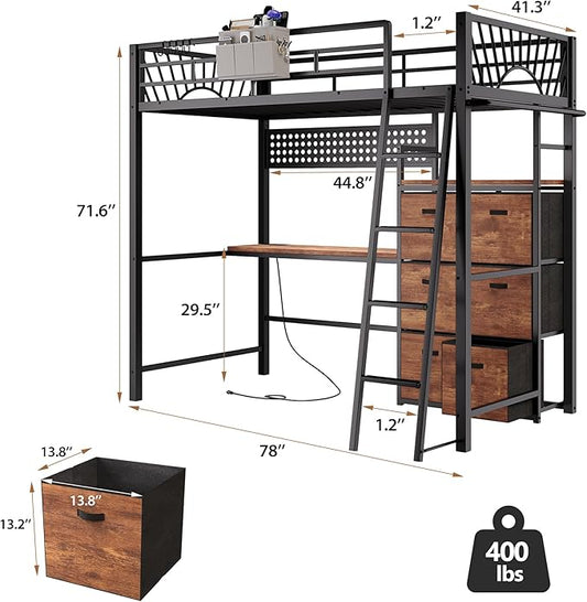 Twin Metal Loft Bed with Desk, 6 Storage Cabinet, LED Light Bunk Bed Frame Twin Size with Charging Station, No Box Spring Needed, Extra Wide Stair Treads&Safety Ladder, Hanging Rod&Guardrail