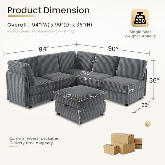 KKL Modular Sectional Sofa V-Shaped 6 Seater Couch with Storage Ottoman, Convertible L/J-Shaped Couch and Sofa Bed Plush Wide-Wale Corduroy for Living Room, Apartment, Modern Design, Gray