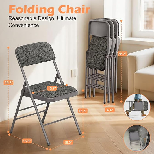Commercial Grade Folding Chair with Padded Fabric Cushion（16"X16" |Double-hinged Legs Luxury Style|4.5kg Capacity Max Weight 150Kg for Home and Office,Indoor and Outdoor Events (4, Fabric-Grey)