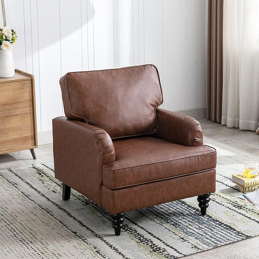PU Leather Upholstered Accent Chairs Set of 2 Modern Single Sofa Chair with Thick Removable Back Cushion and Black Printed Legs Armchairs for Living Room/Bedroom/Reading Room, Brown
