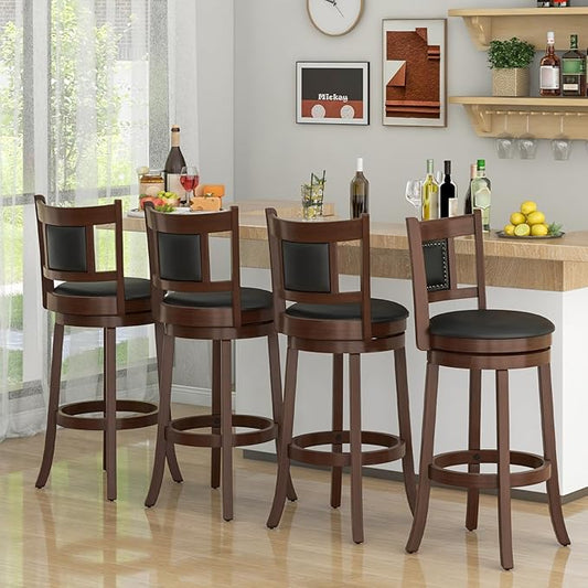 COSTWAY Bar Stools Set of 4, 30.5” Swivel Upholstered Bar Height Bar Stool w/Curved Backrest & Cushioned Seat, Solid Rubber Wood Legs & Resting Footrest, Bar Chairs for Kitchen Island (4, 30.5”)