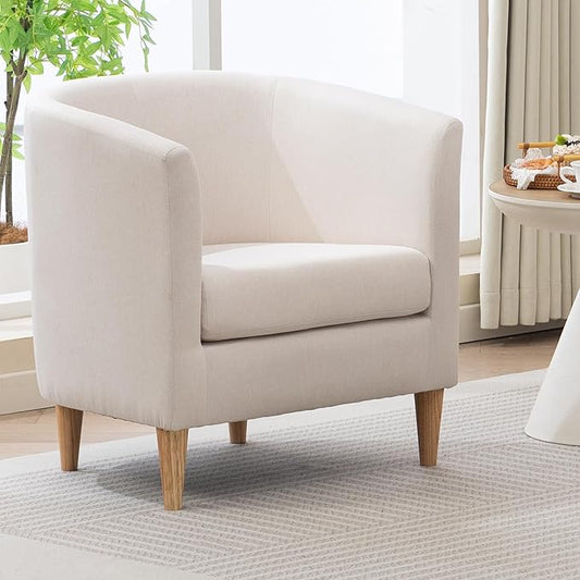 Accent Barrel Chair, Modern Comfy Living Room Chairs with Armrest Small Reading Chair with Cozy Soft Padded for Bedroom Reception Room Cafe, White