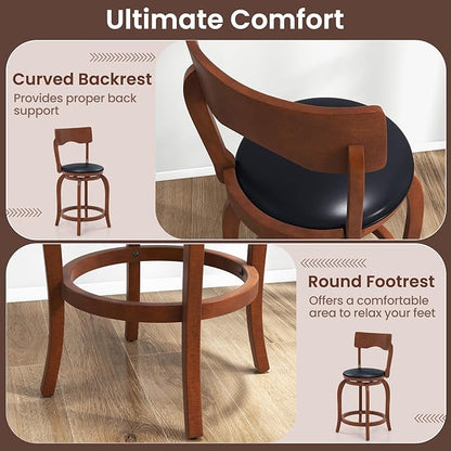 COSTWAY Bar Stools Set of 4, 24 Inch Swivel Counter Height Chairs with Rubber Wood Frame, Upholstered Seat, High Back Barstools for Kitchen Island, Home Bar, Pub, Brown (4, Seat Height: 24”)