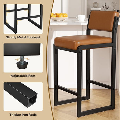 Bar Stools Set of 6, Faux Leather Counter Height Bar Stools with High Back and Metal Legs, Upholstered Bar Chairs, 26" Modern Barstools for Kitchen Island, Caramel