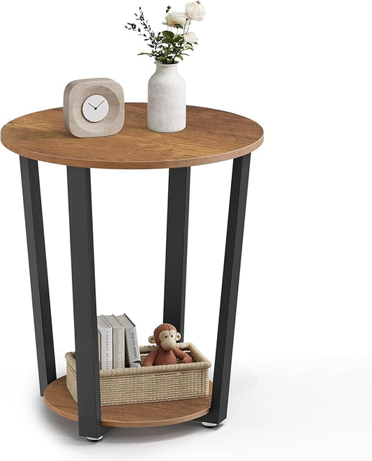 VASAGLE Round Side End Table, 2-Tier Accent Bedside Table with Storage Shelf, Easy Assembly, Nightstand for Small Spaces, Living Room, Bedroom, Honey Brown and Ink Black ULET057KB01S