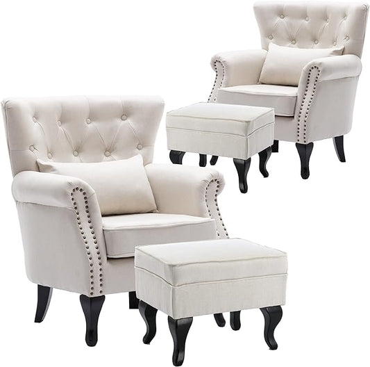 chairus Mid-Century Modern Accent Chairs with Ottoman Set of 2, Comfy Linen Single Sofa Chair Button Tufted Wingback Armchairs with Pillow for Living Room/Bedroom/Club - Beige