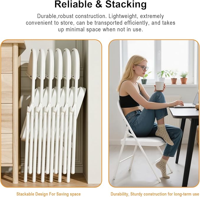 8 Pack White Folding Chairs with Padded Cushion for Outside, Portable Stackable Commercial Metal Foldable Chairs with Steel Frame for Home Events Office Wedding Party, 350lbs Capacity