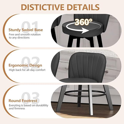 MINCETA Bar Stools Set of 2, PU Leather Barstools, 26 Inch Upholstered Counter Stools with Backrest and Footrest, Swivel Counter Height Barstools for Kitchen Island Home Bar Dark Gray