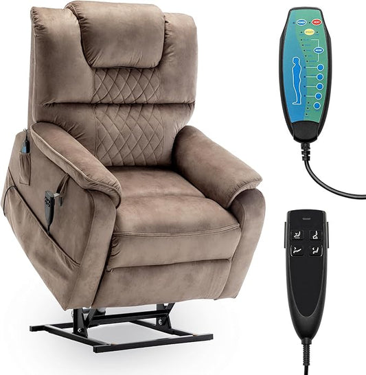 Power Lift Recliner Chair Recliners for Elderly,Lay Flat Velvet Tufted Recliner with Heat and Massage,Dual Motor Lounge Recliners for Living Room