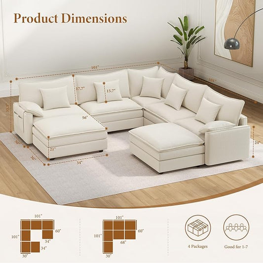 Vesgantti 101" V-Shaped Corner Couch Sectional, 7 Seat Customizable Modular Cloud Couches with Movable Ottoman, Chenille Deep Seat Sofa Set with Chaise for Living Room, Bedroom and Apartment, White