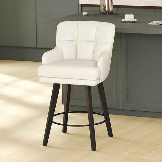 360°Swivel Counter Height Bar Stools with Back, 26 inch Solid Wood Legs, Bar Stool Modern Kitchen Island Chairs, Faux Leather (Beige- Faux Leather, 26" H- Set of 1)