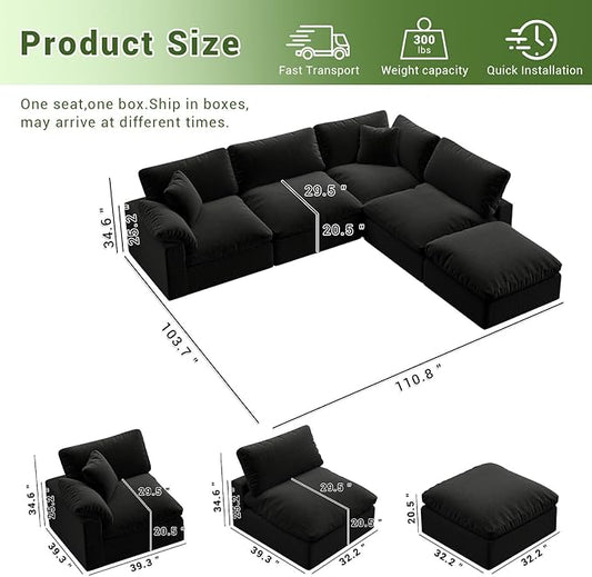 Cloud Modular Sectional Sofa,143" Down Filled Sofa 4 Seat with Chaise,Minimalist Sofa Cover Washable and Replaceable Couches for Living Room,Sectional Sofa Deep Seat Black