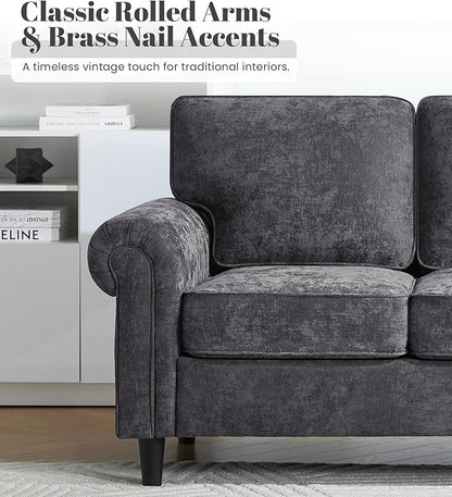 Kingfun 3 Seater Couch, Mid Century Modern Sofa Set with Rolled Arms and Deep Seats, Fluffy Comfort for Living Room, Apartment, Easy Assembly, Gray