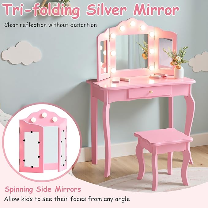 Kids Vanity Set, Kids Vanity Table and Chair Set with Stool and Light, 2 in 1 Wooden Kids Make Up Vanity Desk, Princess Makeup Table with Drawer for Girls