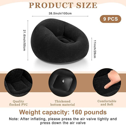 Realspring 9 Pcs Bean Bag Chairs for Adults Inflatable Chairs with Electric Air Pump,Blow up Couch Folding Portable Inflatable Couch Lazy Sofa for Reading Living Room Camping (Black)