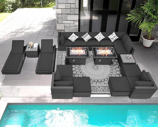NICESOUL 18 Piece Patio Furniture with Firepit and Chaise, Full Size 14-People Outdoor Sectional Sofa Set with Fire and Lounger, Water Resistant Heavy Duty All-Weather Backyard Sitting Group, Grey