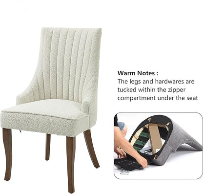 mikibama Boucle Dining Chairs Set of 2 Channel Tufted Kitchen Dinner Chair Comfy Teddy Fabric Upholstered Accent Chair for Dining Room with Solid Wood Legs (Off White 2pc)