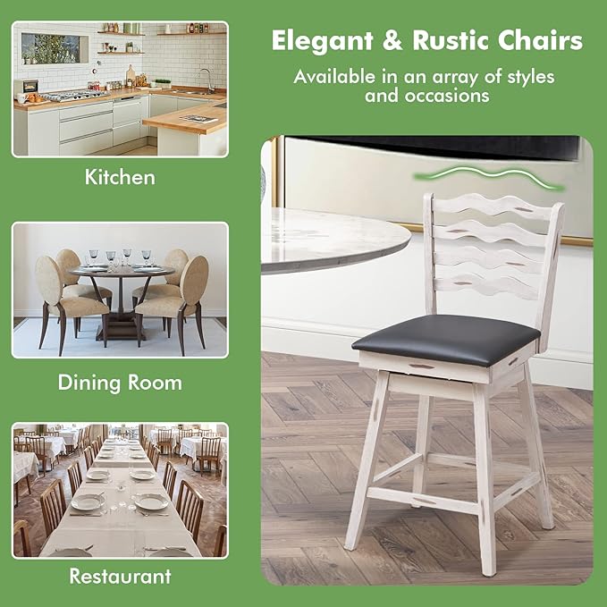 COSTWAY Bar Stools Set of 4, 25” 360° Swivel Counter Height Chairs with Rubber Wood Frame, Cushioned Seat, Ergonomic Backrest & Footrest, Wooden Upholstered Barstools for Kitchen Island (4, 25”)