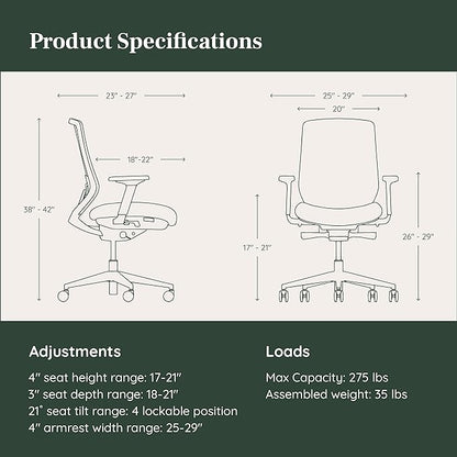 Branch Ergonomic Chair - A Versatile Desk Chair with Adjustable Lumbar Support, Breathable Mesh Backrest, and Smooth Wheels - Experience Optimal Comfort and Support - Pebble - White