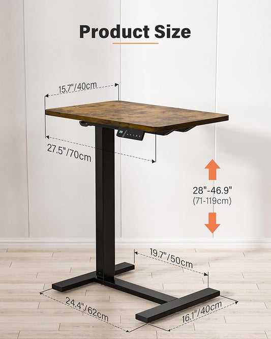 FiCiHi Small Electric Standing Desk - Adjustable Height Bedside Laptop Table with Wheels, Mobile, Portable Rolling Computer Workstation Sit Stand Table for Home Office,Sofa,Couch(28x16,Rustic Brown)
