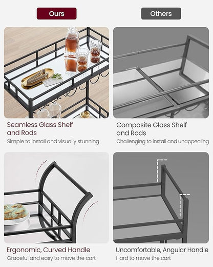 VASAGLE Bar Cart Black, Home Bar Serving Cart, Wine Cart with 2 Mirrored Shelves, Wine Holders, Glass Holders, for Kitchen, Dining Room, Black ULRC090B62