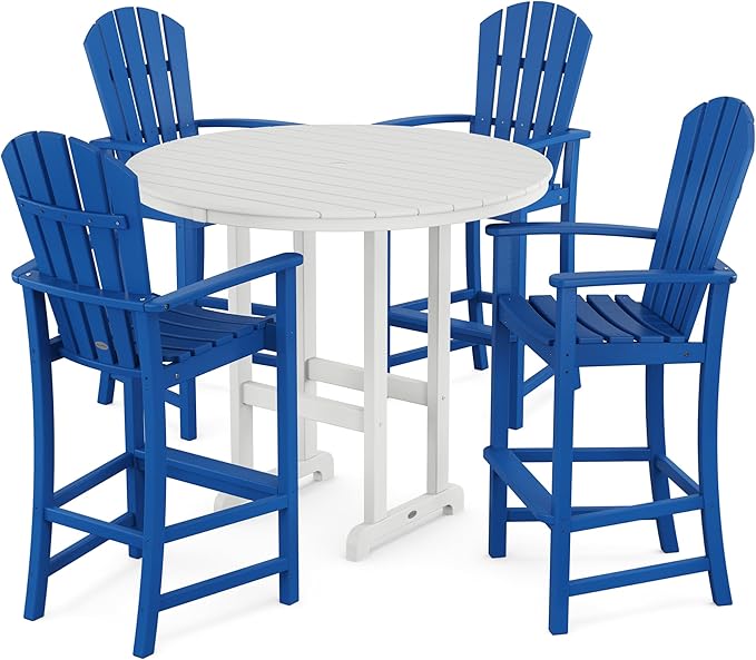 POLYWOOD® Palm Coast 5-Piece Round Farmhouse Bar Set in Pacific Blue/White