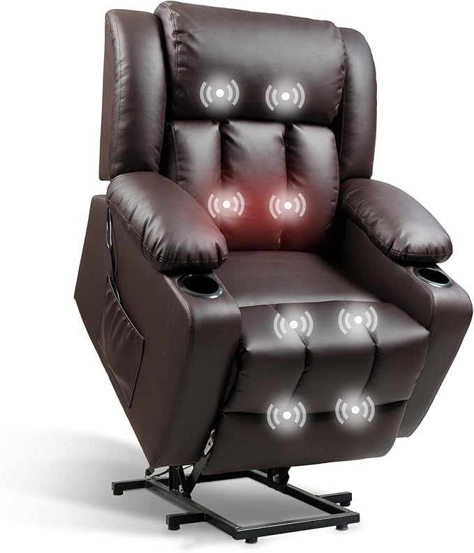 FLEXISPOT XL31 Power Lift Recliner Chair for Elderly, Electric Lift Chair with Massage & Heat, PU Leather Reclining Sofa w/Cup Holders, Side Pockets for Living Room Bedroom(Medium Size,Brown)