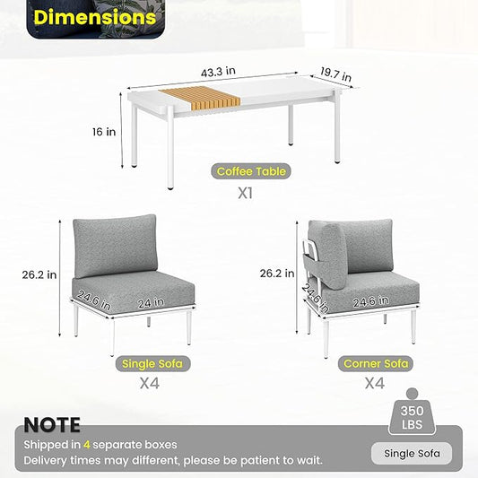 Sundale Outdoor 9 Pieces Patio Furniture Set, U-Shaped Outdoor Sectional Sofa with 6" Olefin Cushion and Coffee Table, Modern Metal Outdoor Conversation Sets (8 Seats,White Frame)