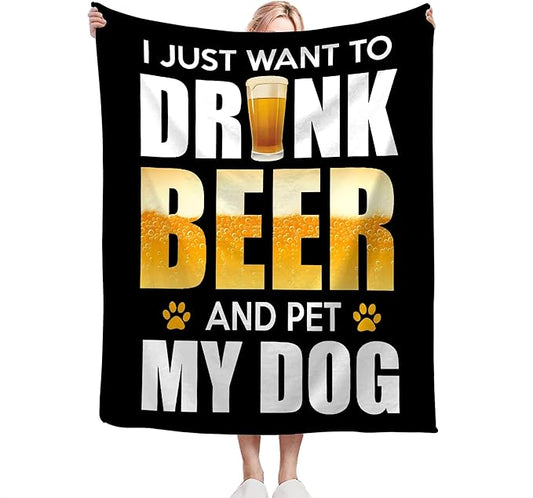 Funny Beer and Dog Throw Blanket - Gifts and Decor for Men Women Adults - Soft Warm Cozy Fleece for Couch Sofa Bed 50"x40"