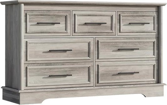 LGHM 7 Drawers Dresser for Bedroom, 54" Wide Chest of Drawers with Smooth Gliding Drawers, Gray Wood Dresser, Sturdy Storage Dressers Organizer with Metal Handles for Home Office, Farmhouse, Nursery
