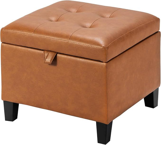 Asense 17 Inch Storage Ottoman Foot Rest,Square Faux Leather Foot Stool,Small Ottoman with Storage,Padded Seat for Entryway,Living Room,Bedroom,Couch,Under Desk,Cognac Brown