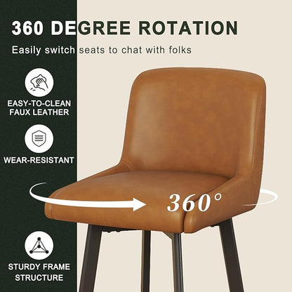 Swivel Counter Height Bar Stools Set of 6, 26''H Upholstered Barstools with Backs, Modern Bar Stool Chairs for Kitchen Island, Metal Legs, Faux Leather, Whiskey Brown Stools Counter Chair
