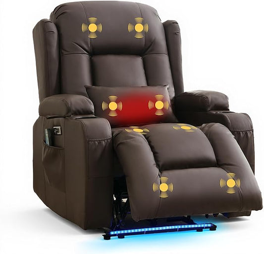 Power Recliner Chair with Heat and Massage, PU Leather Recliner Chair with Cup Holder, Reclining Sofa Home Theater Seating with LED Ambient Light, Side Pockets for Living Room and Bedroom, Brown