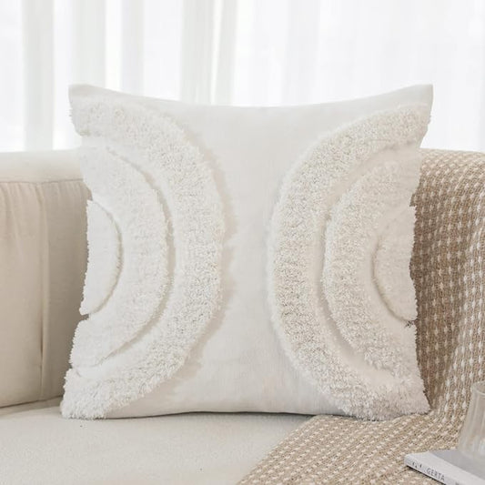 IKATYARN 18x18 Inches Arches Tufted Chenille Throw Pillow Cover, Boho Modern Decorative Geometric Cushion Case, Farmhouse Pillowcase for Couch Sofa Bedroom Living Room, White