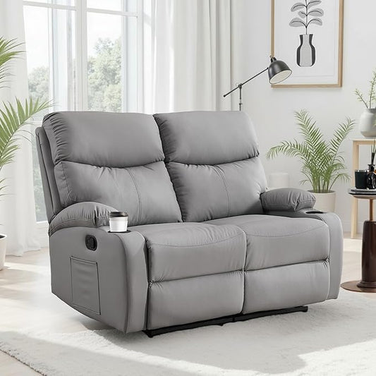 Manual Reclining Loveseat Anti-Scratch Loveseat Recliner Sofa with Side Pocket and Cupholders Wall Hugger 2 Seat Reclining Sofa Chair for RV Living Room Meeting Room Bedroom Apartment