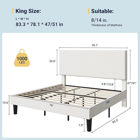 Allewie King Size Upholstered Bed Frame with Vertical Channel Tufted Headboard, Soft Corduroy Fabric Platform Bed, Strong Wooden Slats Support, Easy Assembly, No Box Spring Needed, White