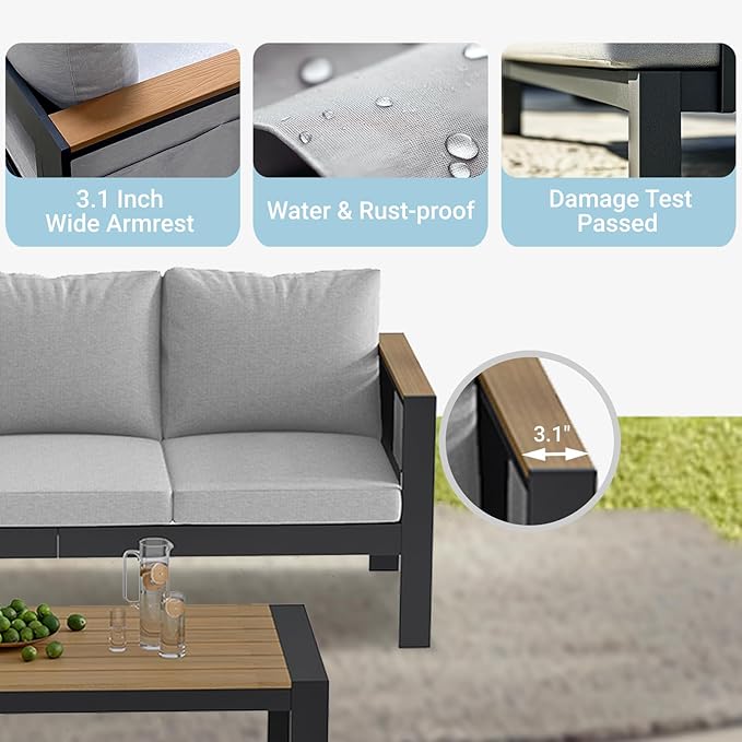 Corinth 5-Piece Aluminum Patio Conversation Set - Outdoor, Porch, Balcony, Yard, Gardern, All Weather Furniture Set with 3 Seater Sofa, White