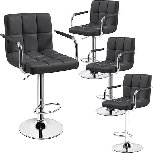 Yaheetech Bar Stools Set of 4, PU Leather Adjustable Barstools with Armrest, Counter Height Stool Chairs with Thickened Seat Cushion for Kitchen Island, Grey