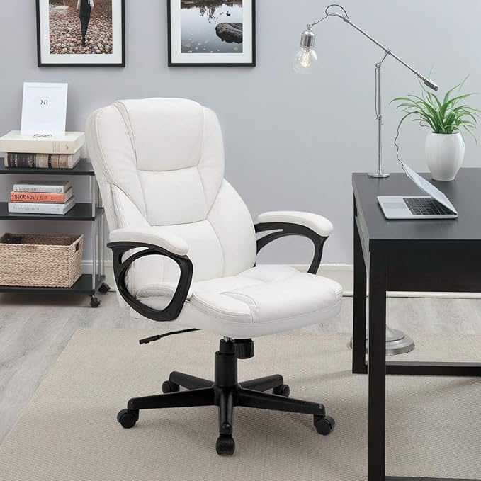 Furmax Home Desk Chair Office Executive Chair High Back Adjustable Managerial,Swivel Computer PU Leather Chair with Lumbar Support (White)