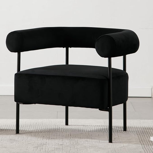 Modern Accent Chair with Curved Back, Small Living Room Vanity Chair, Black Comfy Velvet Barrel Armchair with Metal Legs & Upholstered for Bedroom, Makeup Room